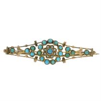 Edwardian 9ct gold turquoise & split pearl brooch