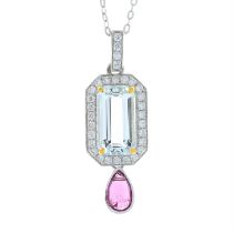 Aquamarine, diamond & tourmaline pendant & chain