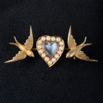 Victorian moonstone heart swallow brooch