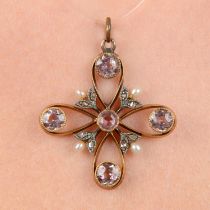 Edwardian gold pink tourmaline & gem pendant
