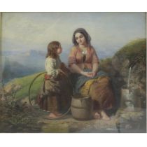 Oil on canvas of woman and girl collecting water