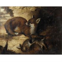 19th century oil on canvas of a fox and rabbit