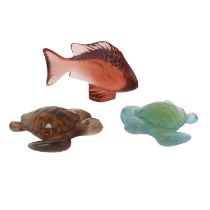 Lalique Golden Red fish and two Daum turtle