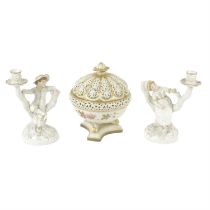 Grainger & Co reticulated pot pourri and a pair of Royal Worcester candlesticks