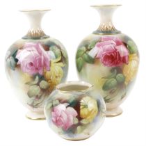 Three Royal Worcester vases with Hadley rose decoration