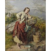 19th century oil on canvas of a young farm girl