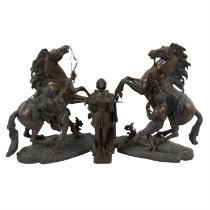 Bronzed Joan of Arc together with a pair of Marly horse