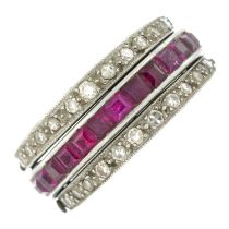 Diamond, synthetic ruby & sapphire hinged ring