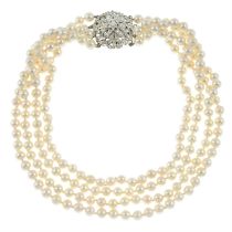 Cultured pearl necklace, with diamond clasp