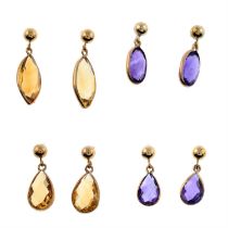 Four pairs of amethyst & citrine drop earrings