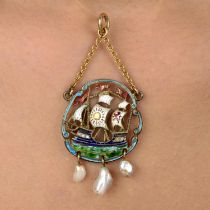 Arts & Crafts enamel & pearl galleon pendant