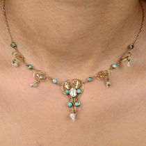 Art Nouveau gold turquoise & pearl necklace