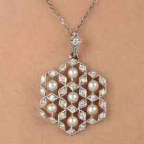 Diamond & seed pearl pendant, with chain
