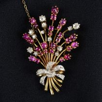 Mid 20th c. 18ct gold diamond & ruby floral brooch