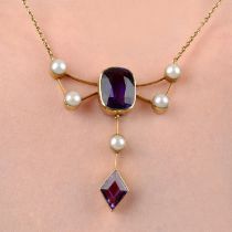 Edwardian 15ct gold amethyst & split pearl necklace