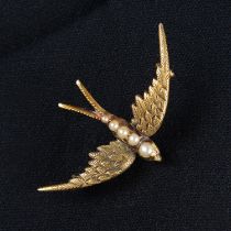 Early 20th c. gold split pearl swallow brooch