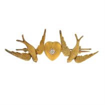 Edwardian 15ct gold diamond bird & heart brooch