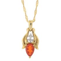 Fire opal & diamond pendant with chain