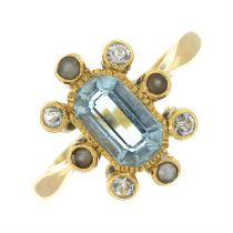 Aquamarine, split pearl & gem cluster ring