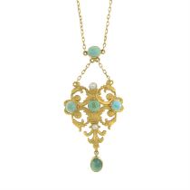 19th century gold turquoise & split pearl pendant, with integral chain