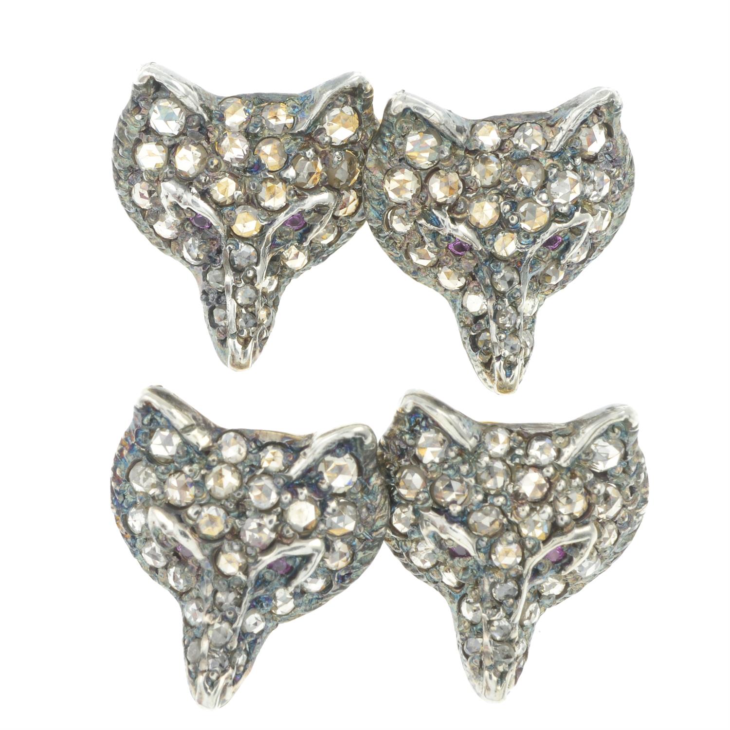 Diamond fox cufflinks, with ruby eyes