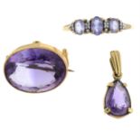 Three items of gold amethyst jewellery, to include a late Victorian amethyst brooch.