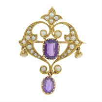 Early 20th gold amethyst & split pearl brooch