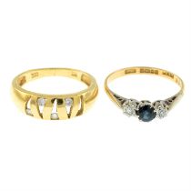 18ct gold sapphire and single-cut diamond three-stone ring, together with a cubic zirconia