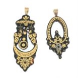 Two Victorian pique tortoiseshell pendants
