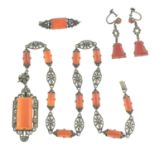 Early to mid 20th century silver carnelian, onyx & marcasite jewellery set