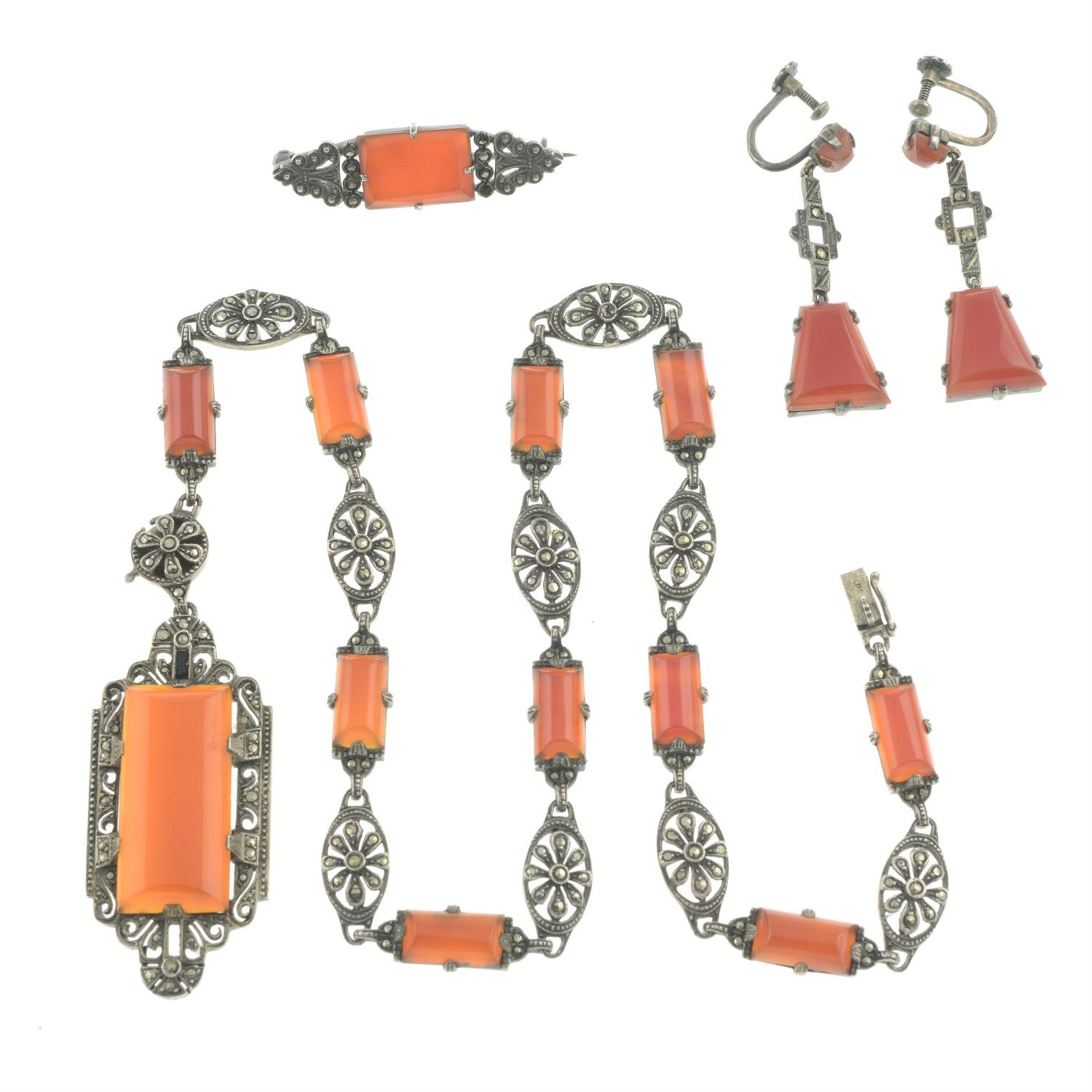 Early to mid 20th century silver carnelian, onyx & marcasite jewellery set