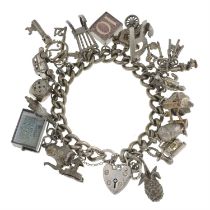 Silver charm bracelets, suspending variously deigned charms.