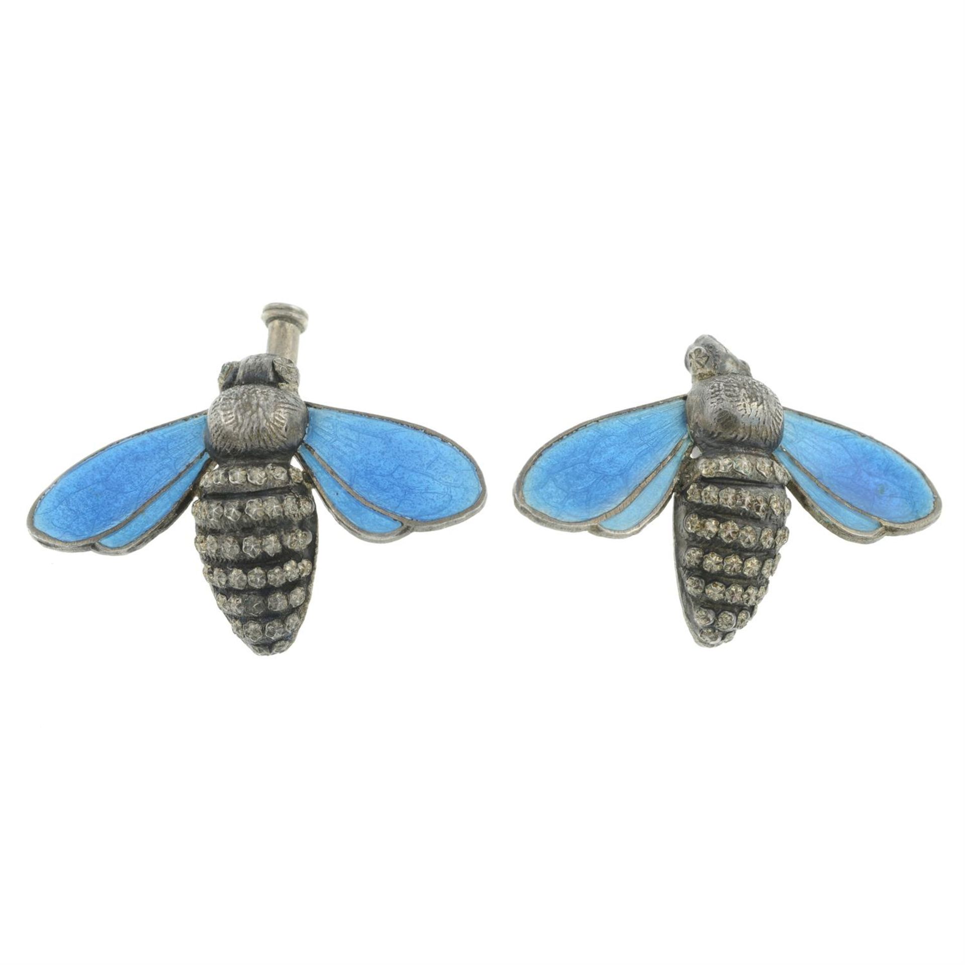 Two late 19th century silver blue enamel bee hat pin heads