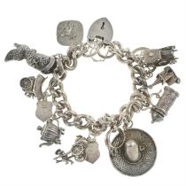 Silver charm bracelet, suspending variously designed charms