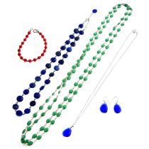 Selection of gem-set jewellery, to include a pair of earrings, three necklaces and a bracelet.