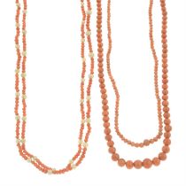 Three mid 20th century coral necklaces