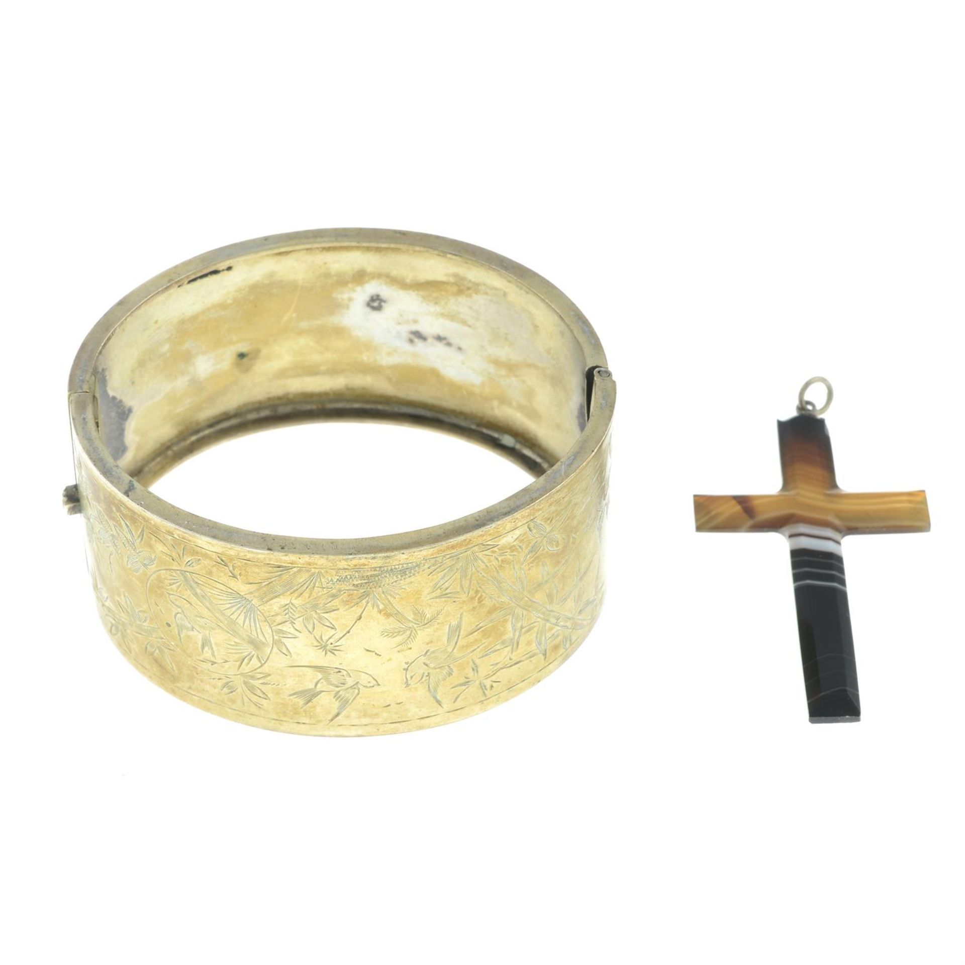 Late 19th silver gilt bangle & an agate cross pendant
