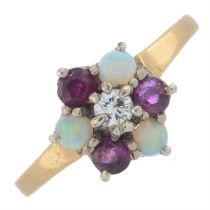 18ct gold opal, diamond & ruby cluster ring