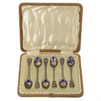 Cased set of late 19th century silver & enamel coffee spoons.