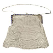 Silver & enamel mounted mesh bag.