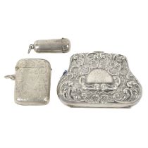 Edwardian silver coin purse, vesta case & cheroot case; plus a plated vesta case. (4).