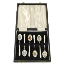 Cased set of silver & floral enamel coffee spoons.