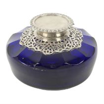 Edwardian silver mounted blue glass inkwell.