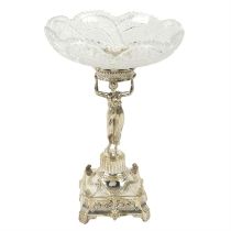 Large silver plated figural centrepiece with cut glass dish.