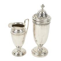 George V silver caster & cream jug; plus six modern pastry forks.