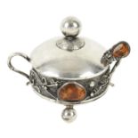 Continental silver lidded sugar bowl & spoon inset with amber stones.