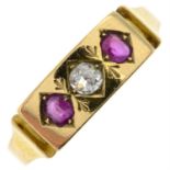 Late Victorian 18ct gold ruby & old-cut diamond three-stone ring