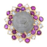 Star sapphire, ruby & colourless gem ring
