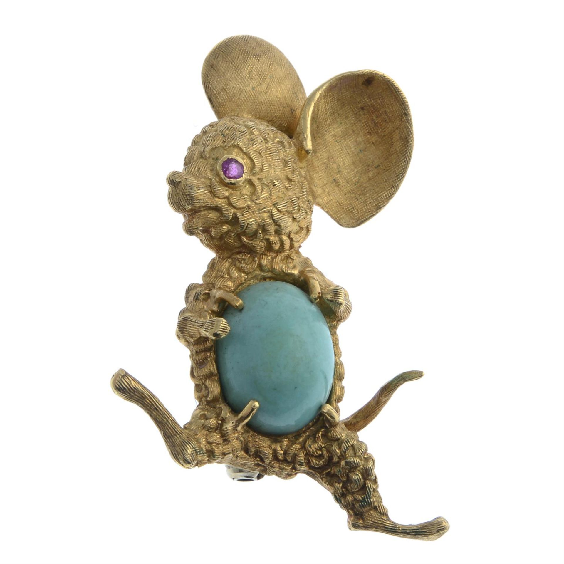 Turquoise mouse brooch, with ruby eye