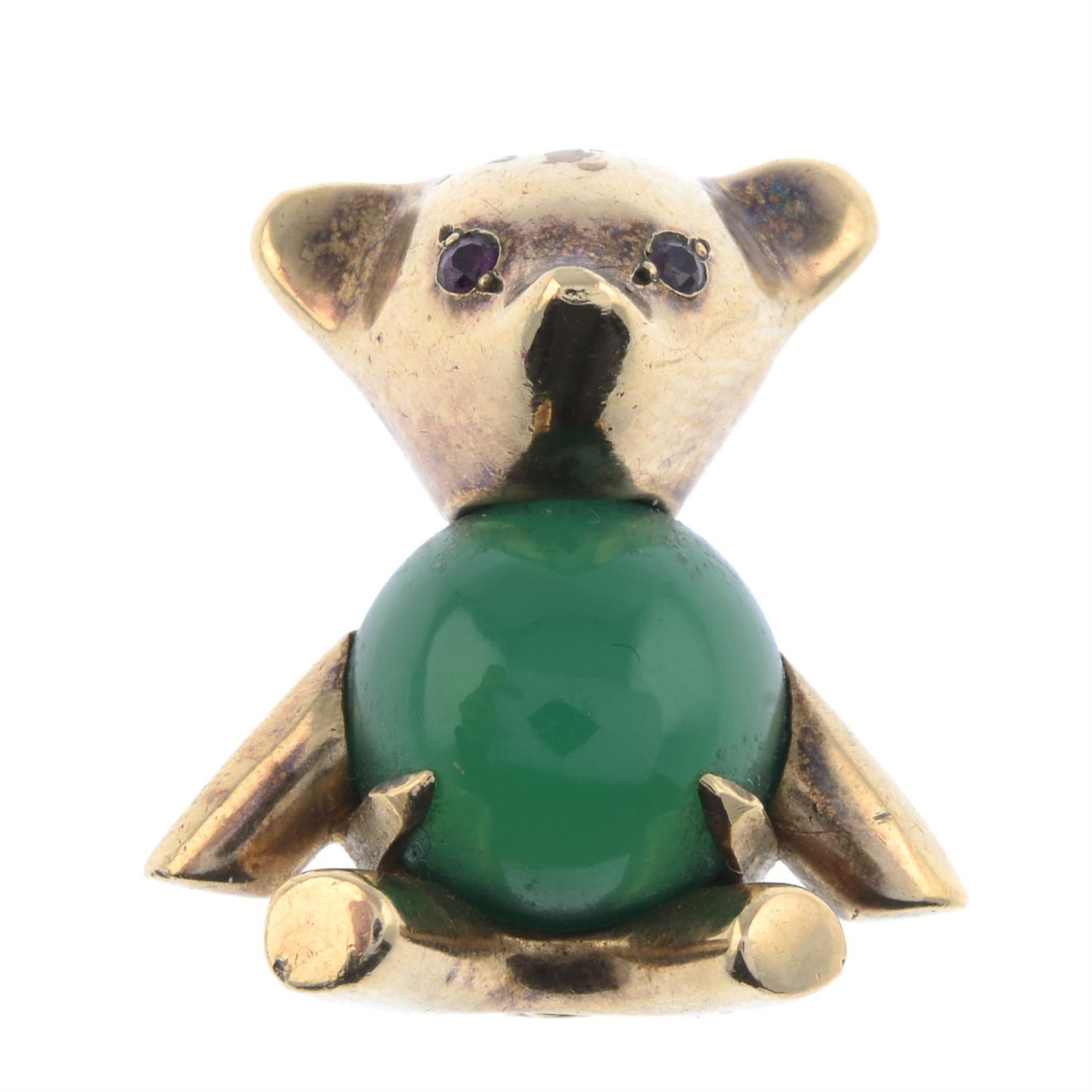 1960s 9ct gold chrysoprase bear brooch, with ruby eye detail/